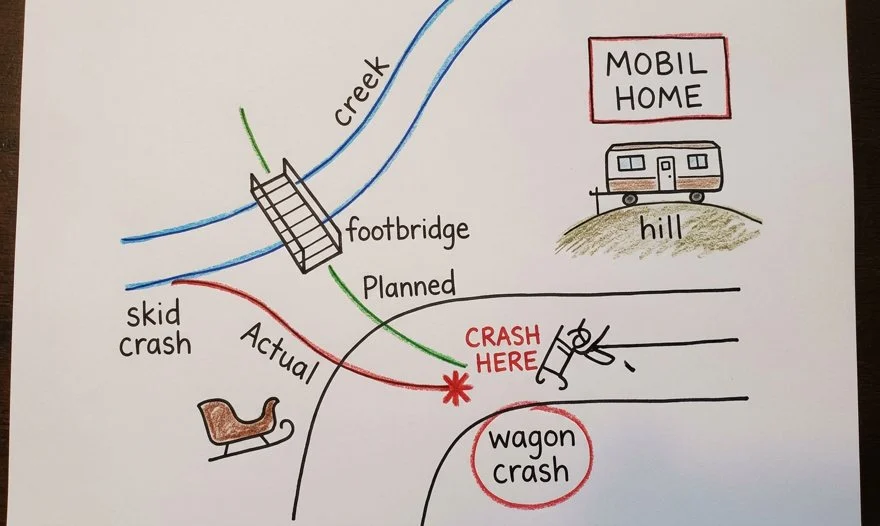 Planned route vs. actual. Annotated: “CRASH HERE.”