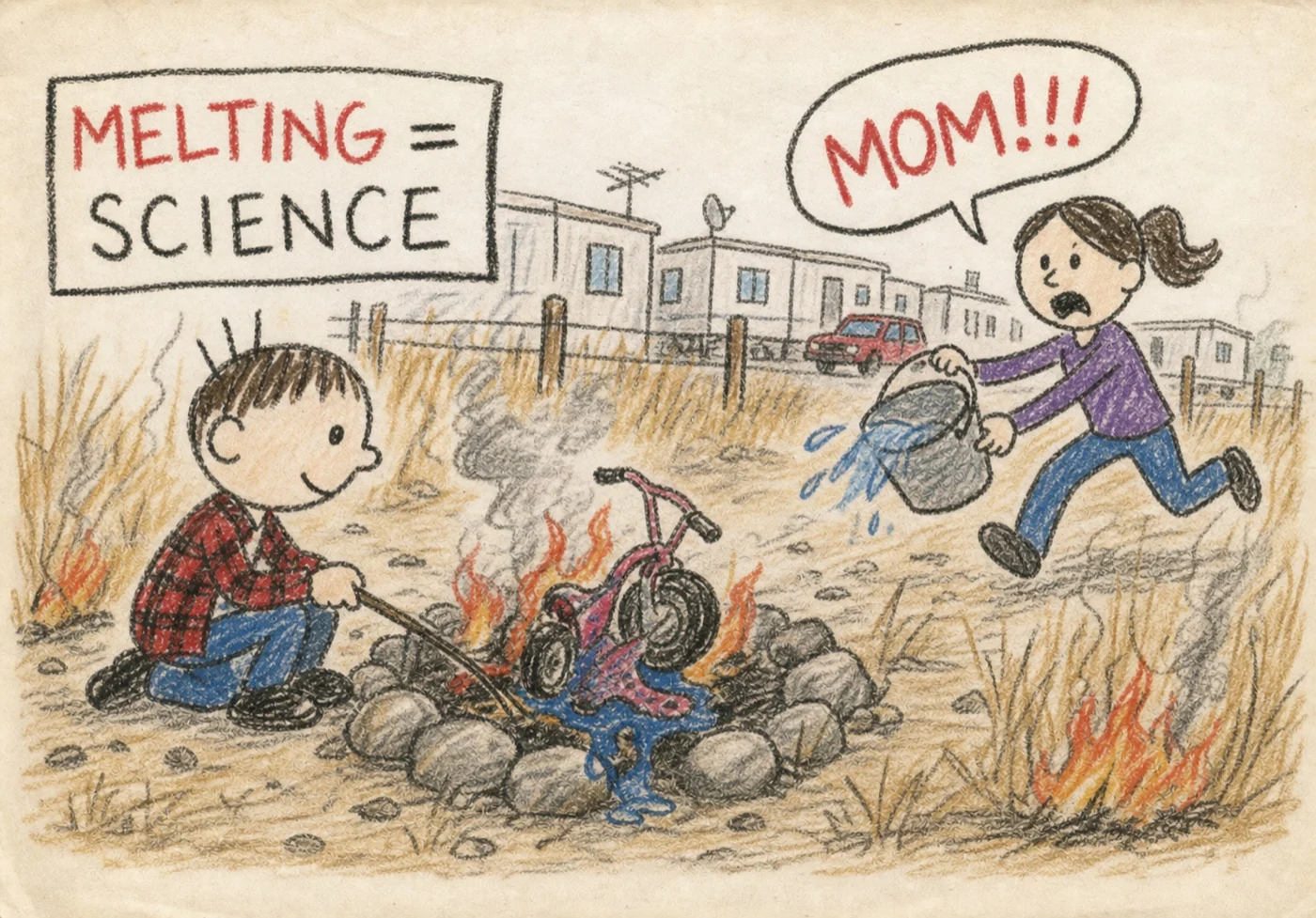 Crayon drawing: a kid beside a rocky burn pit melting Hot Wheels plastic, small grass fires spreading, Mom running up with a bucket of water.