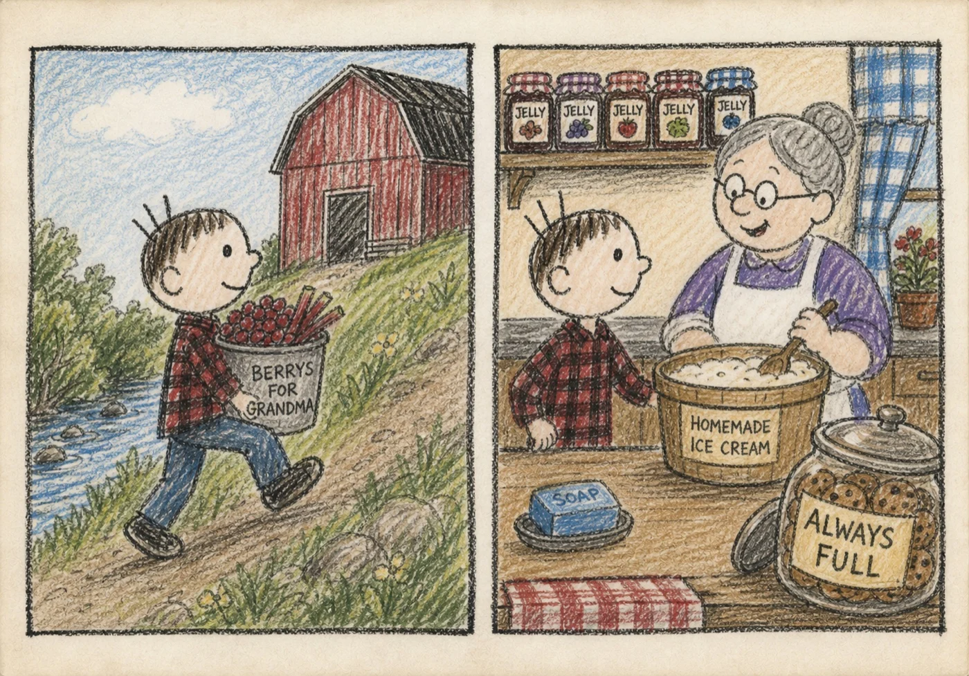 Crayon drawing: a kid carrying berries and rhubarb up a hill from a creek to Grandma's kitchen, jars of jelly and an open cookie jar on the shelf.