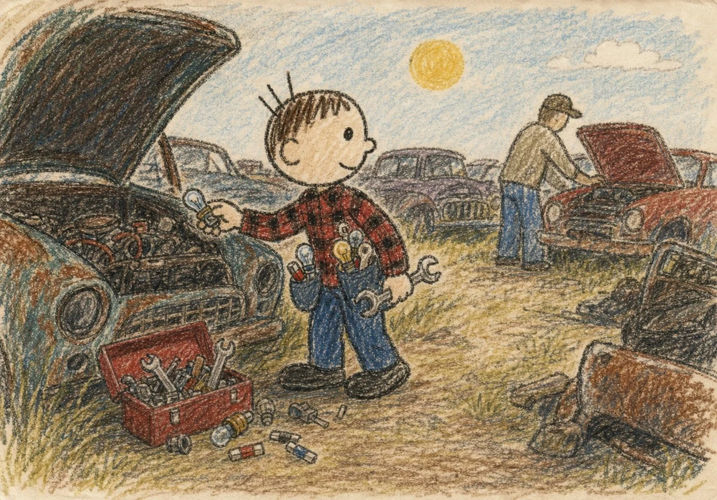 A kid loose in a field of dead machines, with wrenches.
