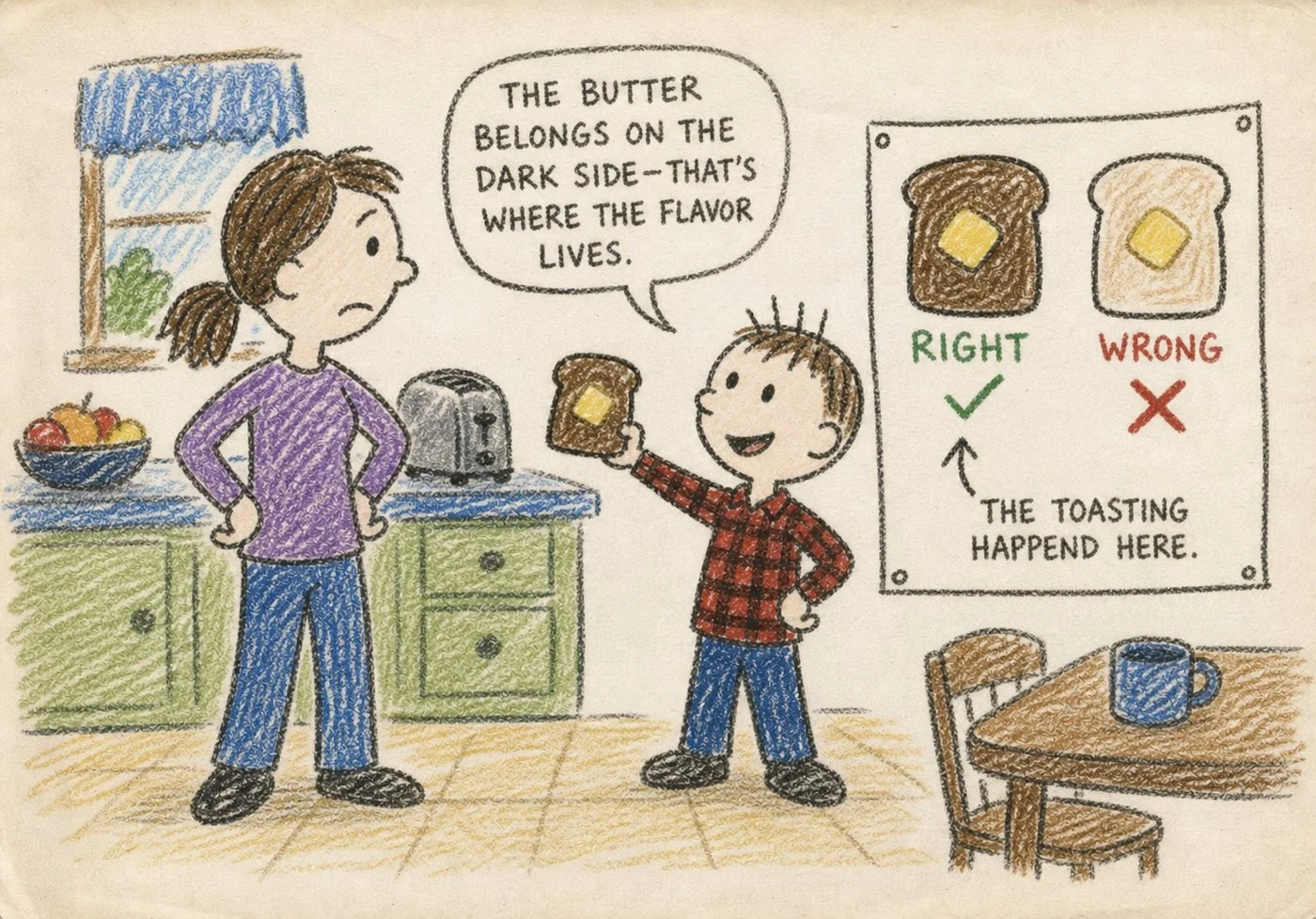 The standard, illustrated. Butter belongs on the dark side.