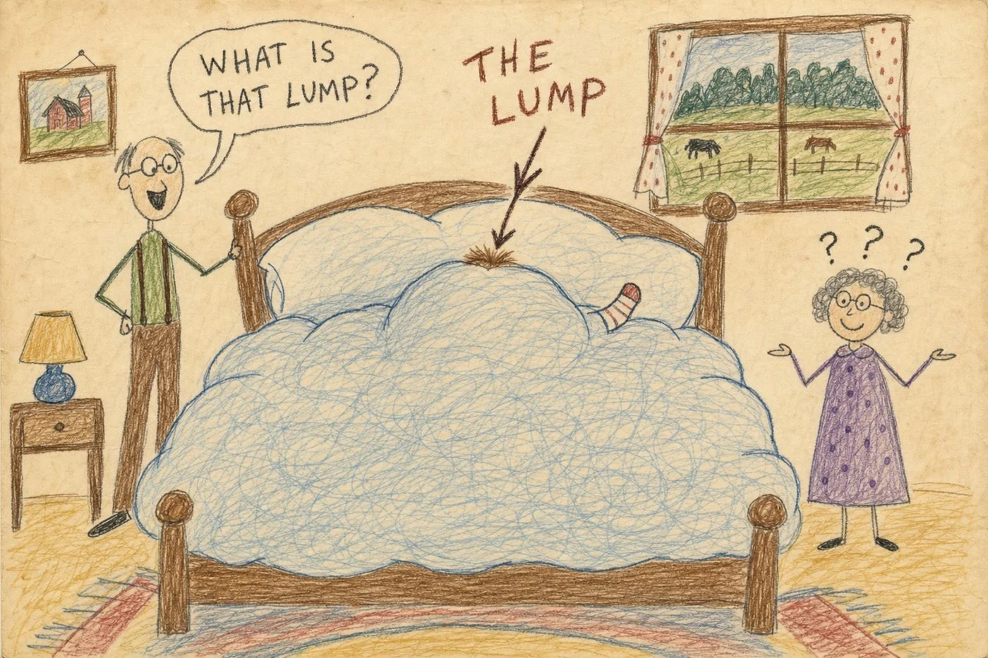 Crayon drawing: a small lump hidden in a giant feather bed while Grandpa asks, ‘What is that lump?’