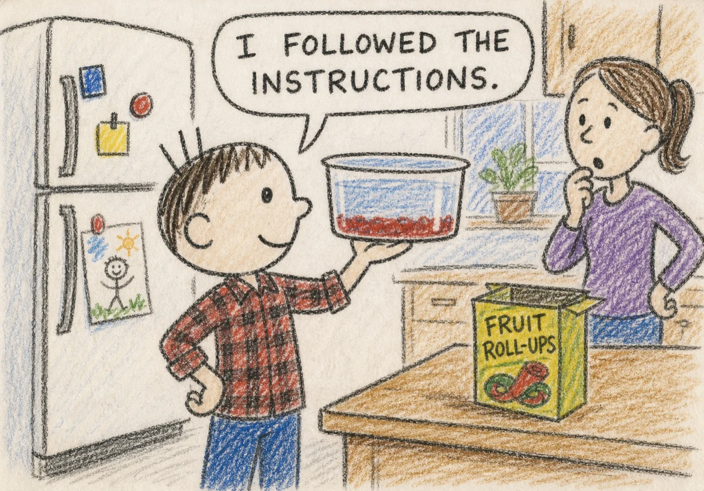 Crayon drawing: a boy holding a refrigerator dish with clear water above a dense layer of gelatin sediment, labeled I FOLLOWED THE INSTRUCTIONS.
