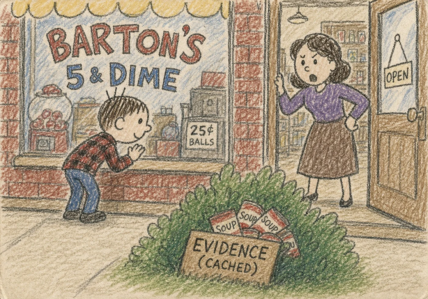 Crayon drawing: a boy peeking into a five-and-dime during school hours, soup labels cached in a nearby bush, and Mom appearing in the doorway.