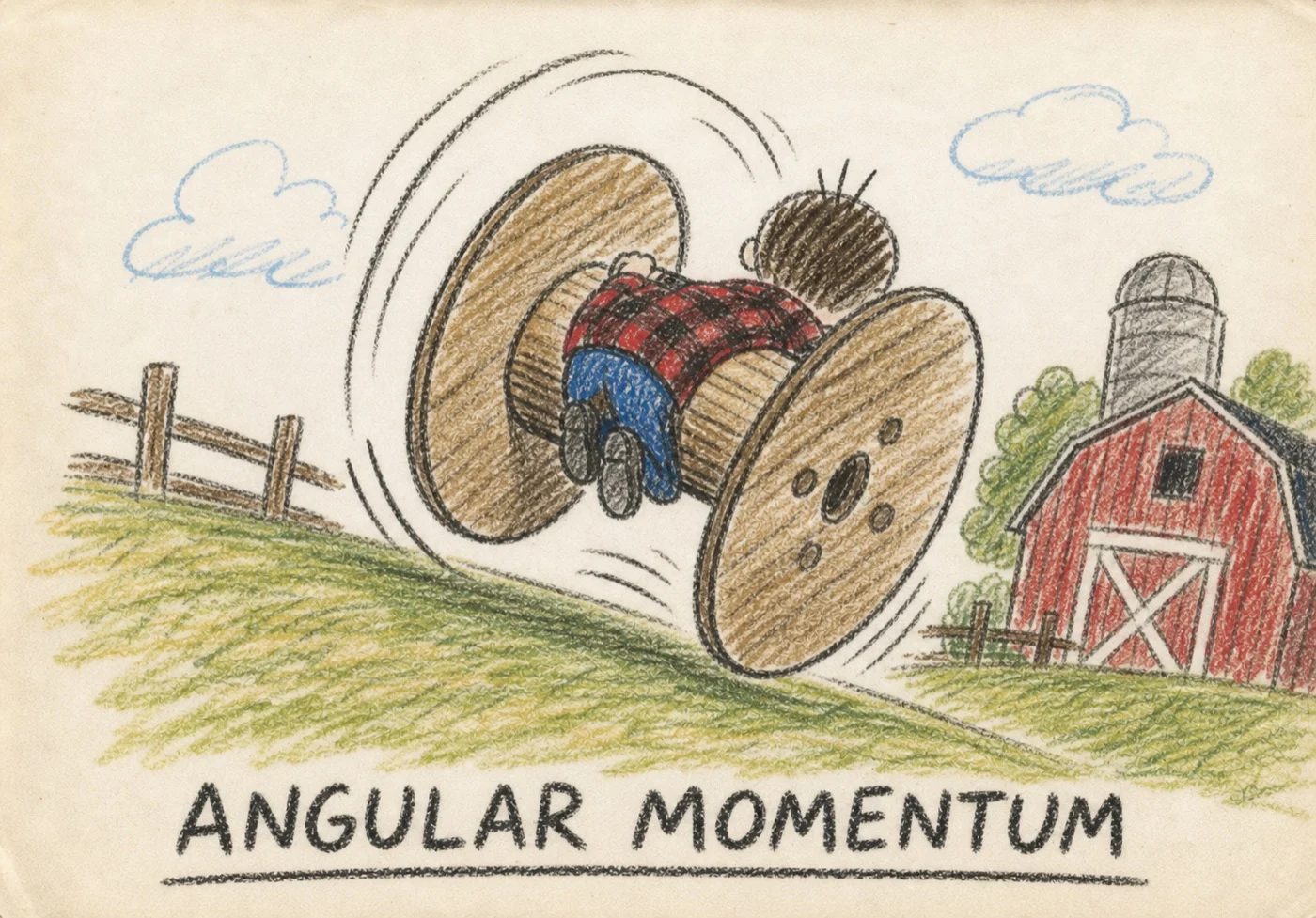 Crayon drawing: a giant wooden cable spool rolling down a farmyard hill with the boy wrapped around its center barrel mid-orbit.