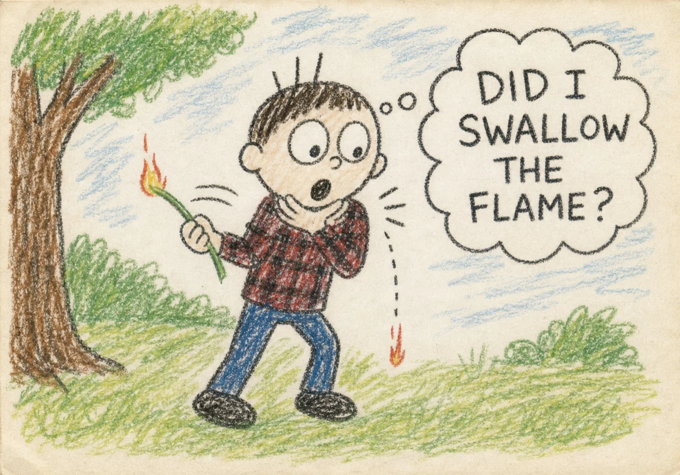 Crayon drawing: a boy holding a lit hollow blade of grass, eyes wide as the tiny flame disappears and he grabs his throat.